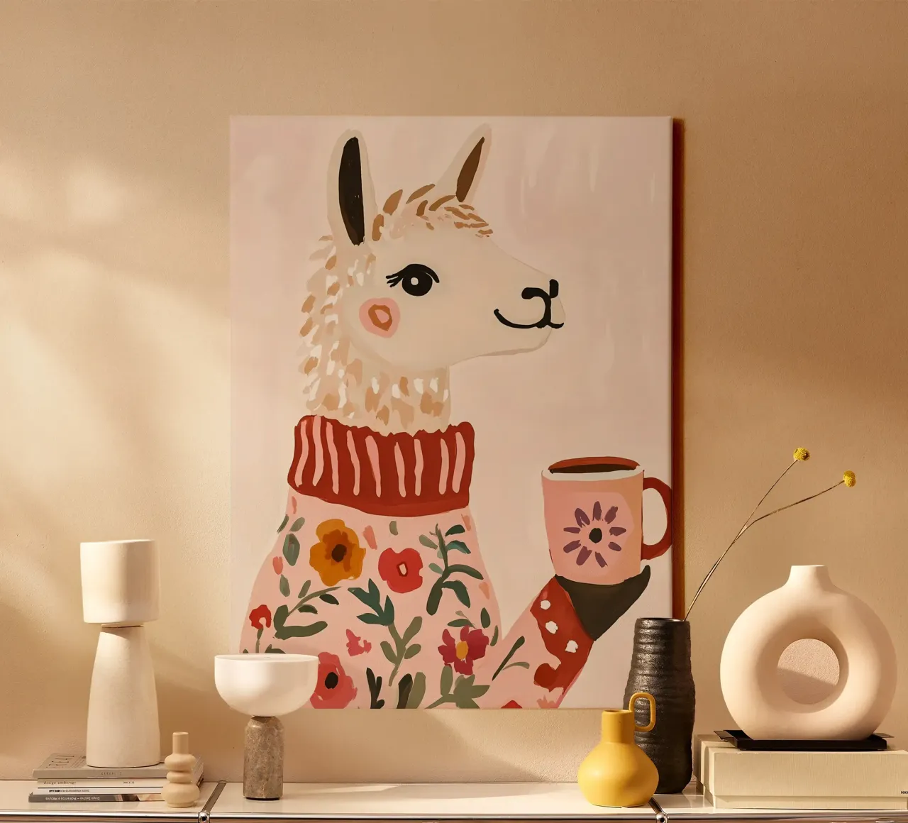 Cute Llama in Sweater with Cup of Coffee tela con Cornice a cassetta da IamHomeStudio