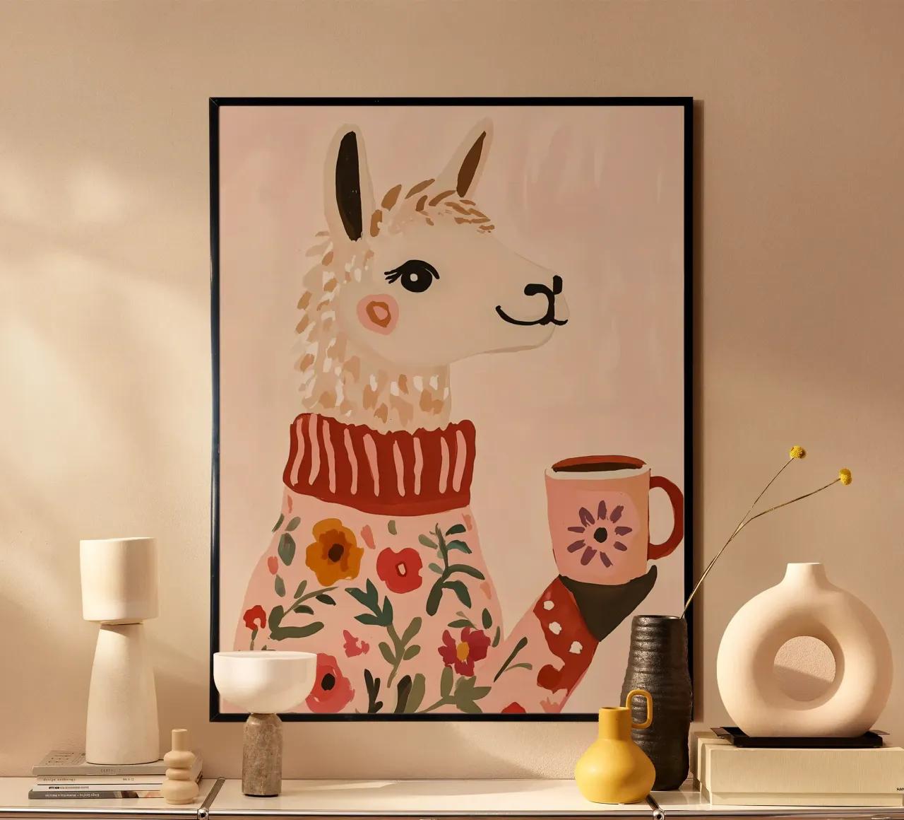 Cute Llama in Sweater with Cup of Coffee hahnemühle by IamHomeStudio