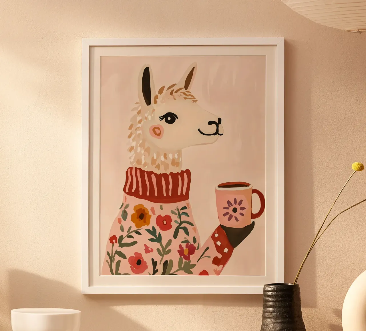 Cute Llama in Sweater with Cup of Coffee hahnemühle by IamHomeStudio