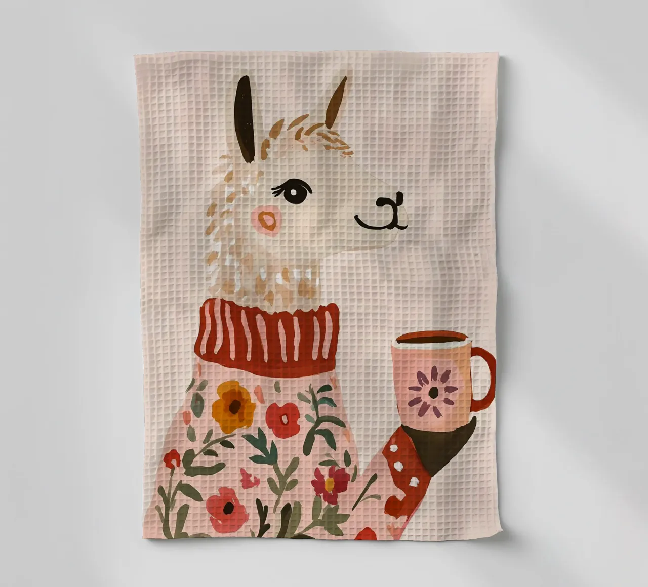Cute Llama in Sweater with Cup of Coffee paño de cocina de IamHomeStudio