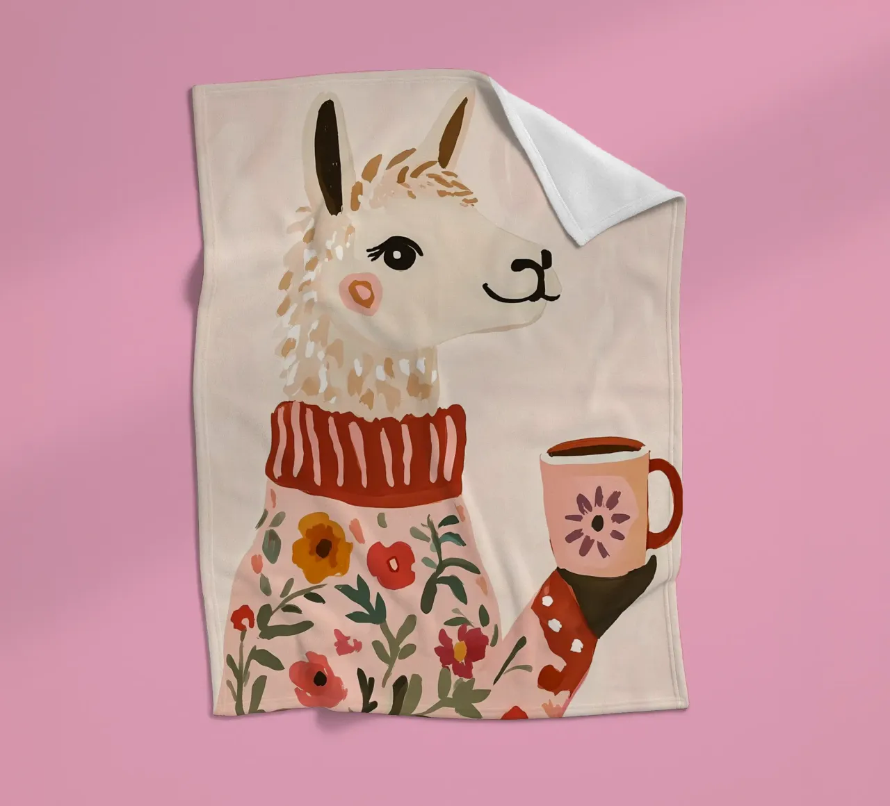 Cute Llama in Sweater with Cup of Coffee fleece blanket by IamHomeStudio