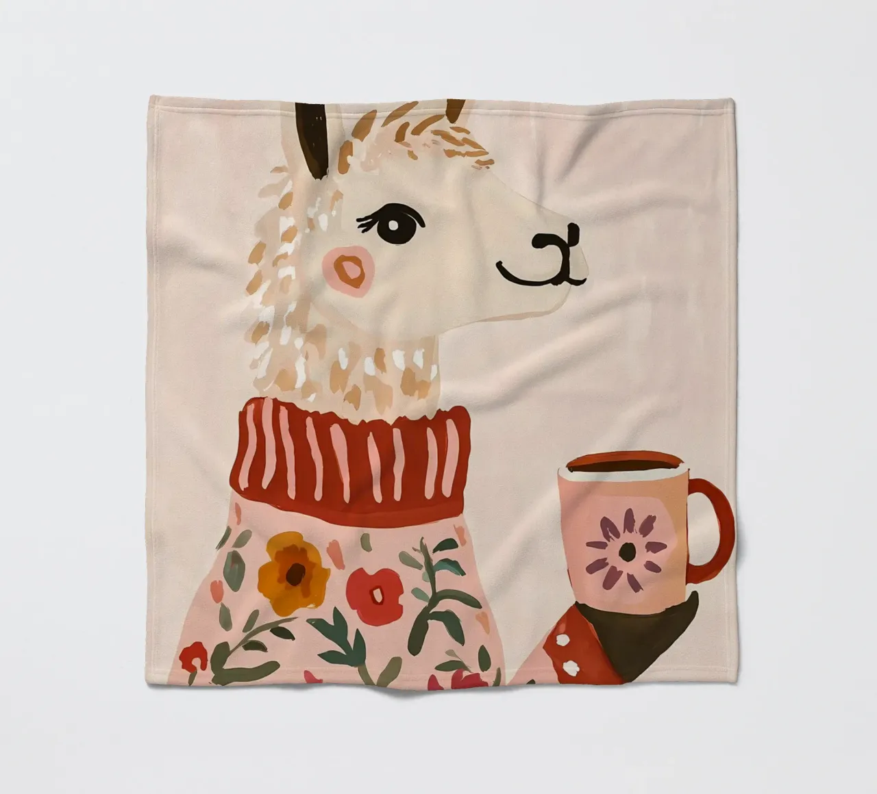 Cute Llama in Sweater with Cup of Coffee fleece blanket by IamHomeStudio