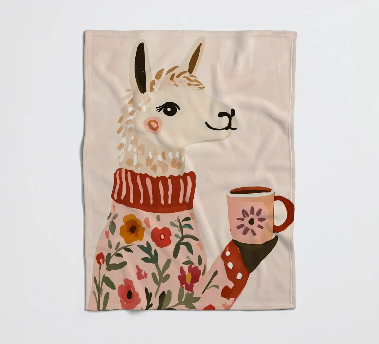 Cute Llama in Sweater with Cup of Coffee fleece blanket by IamHomeStudio