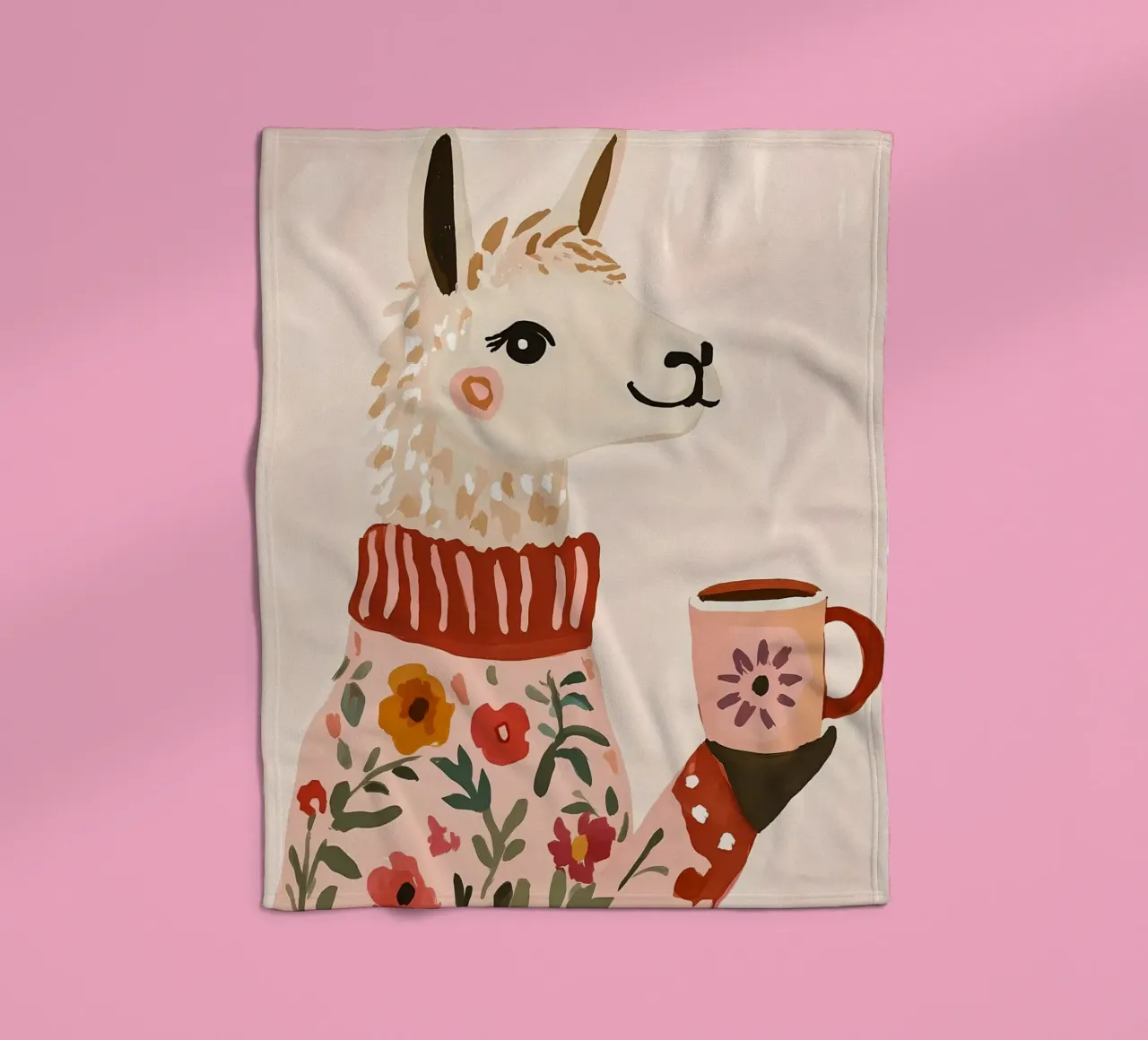 Cute Llama in Sweater with Cup of Coffee fleece blanket by IamHomeStudio