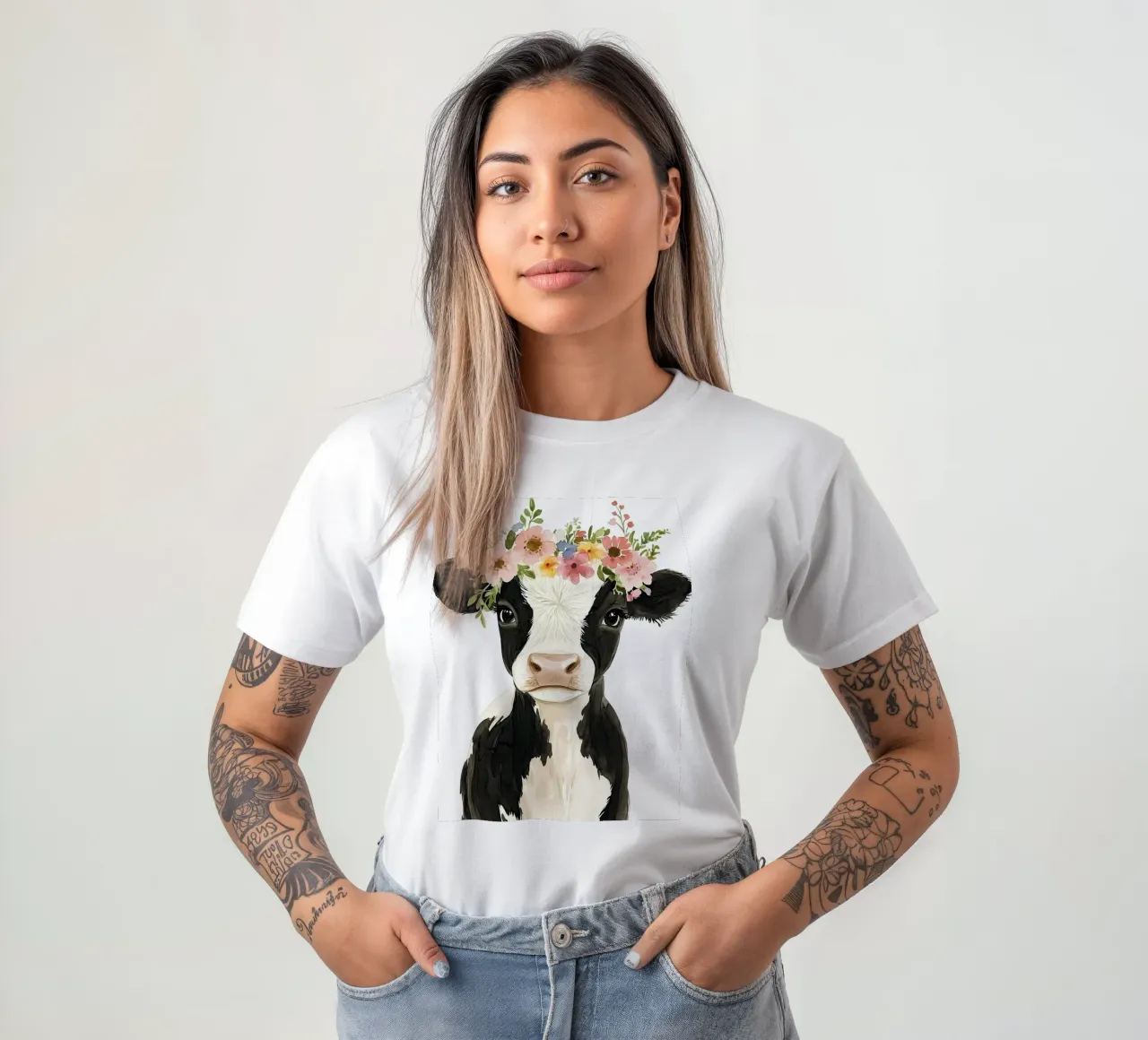 Mucca con corona floreale t-shirt da IamHomeStudio