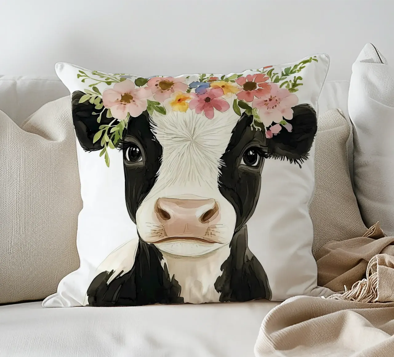 Mucca con corona floreale cuscino da IamHomeStudio