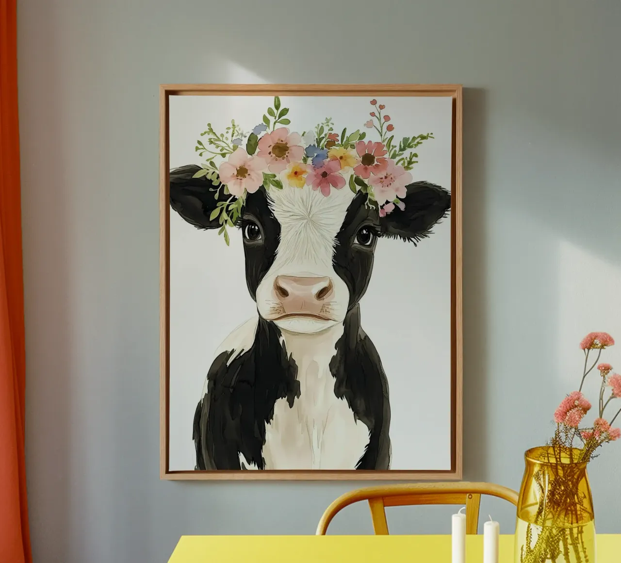 Mucca con corona floreale tela con Cornice a cassetta da IamHomeStudio