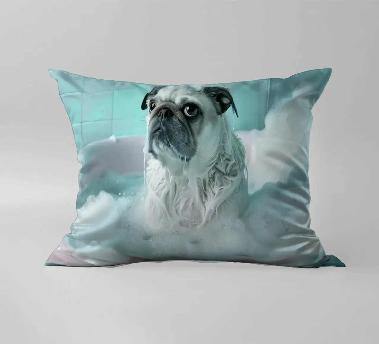 Pug  in a bathtub filled with bubbles cuscino da LisaArtes