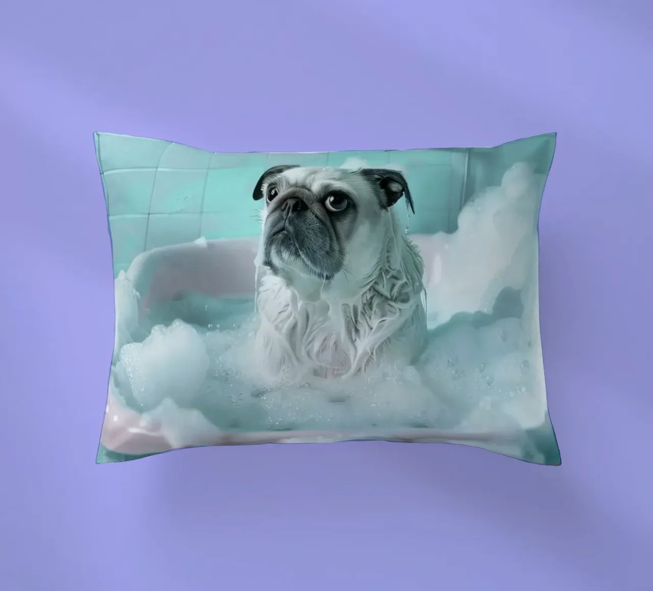 Pug  in a bathtub filled with bubbles cuscino da LisaArtes
