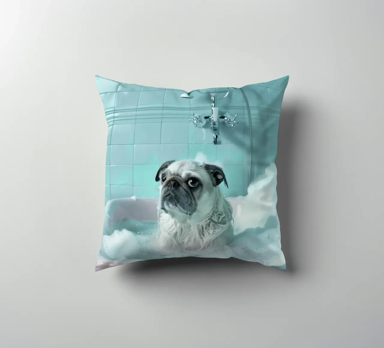 Pug  in a bathtub filled with bubbles cuscino da LisaArtes