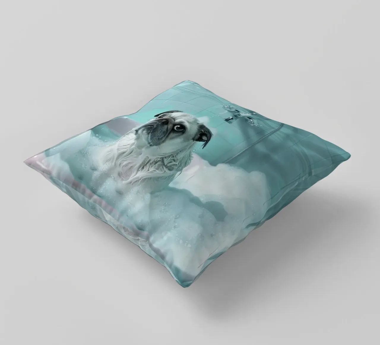Pug  in a bathtub filled with bubbles cuscino da LisaArtes