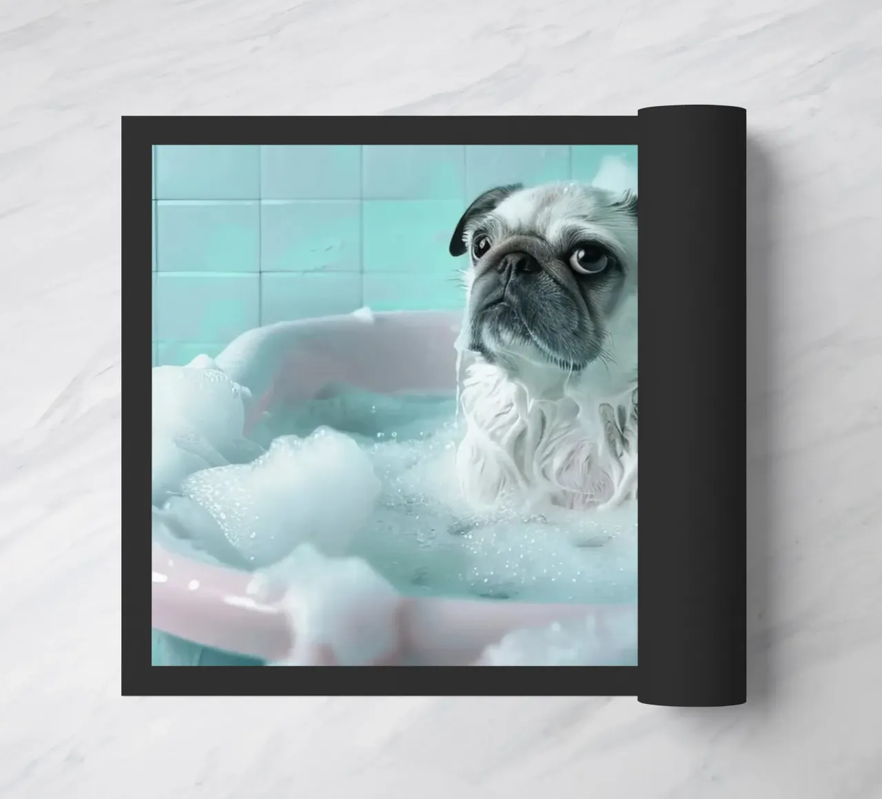 Pug  in a bathtub filled with bubbles zerbino da LisaArtes