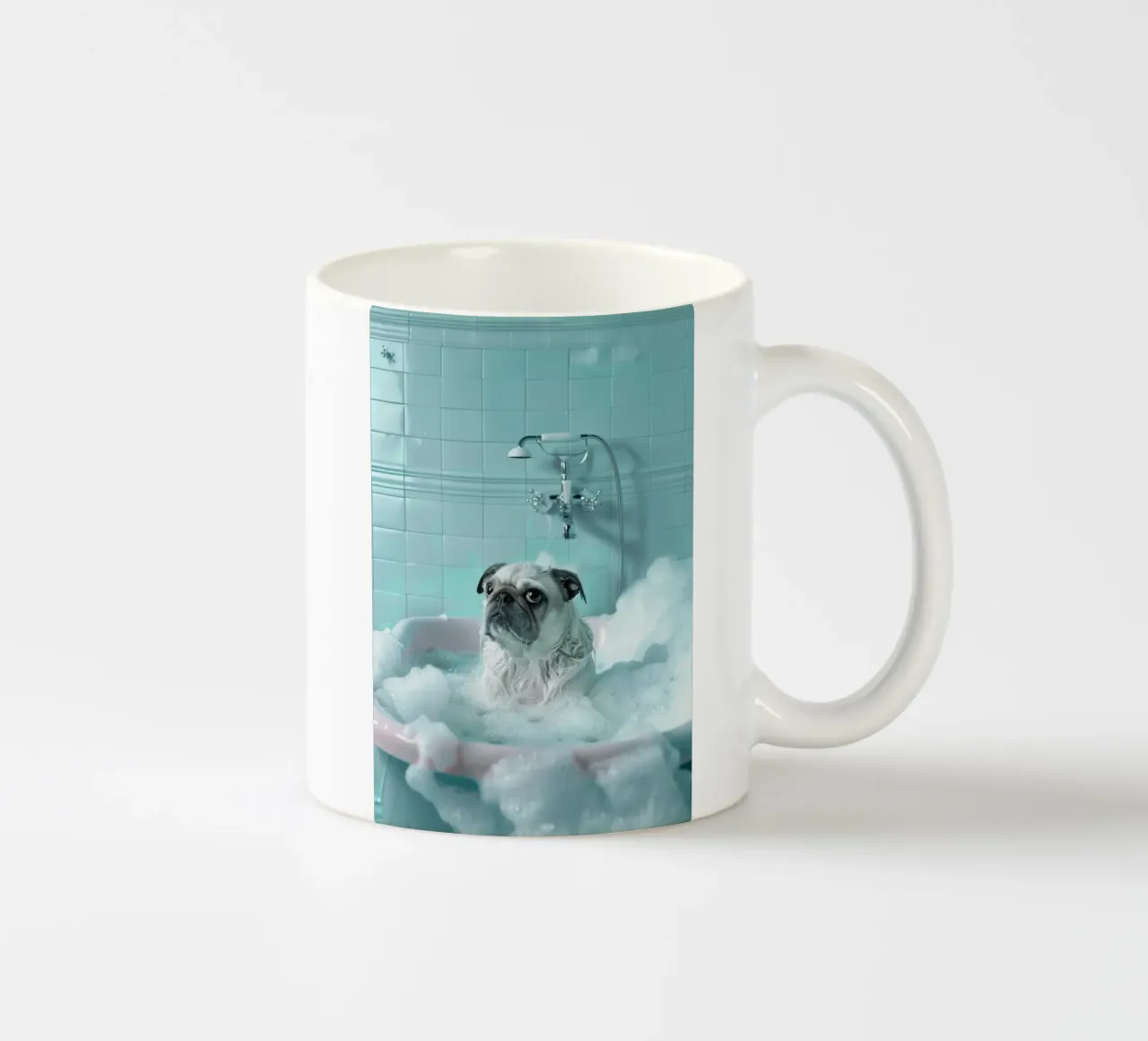 Pug  in a bathtub filled with bubbles tazza in ceramica da LisaArtes