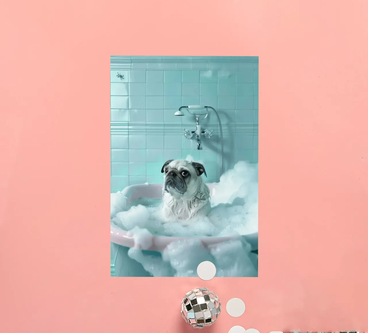 Pug  in a bathtub filled with bubbles adesivo da LisaArtes