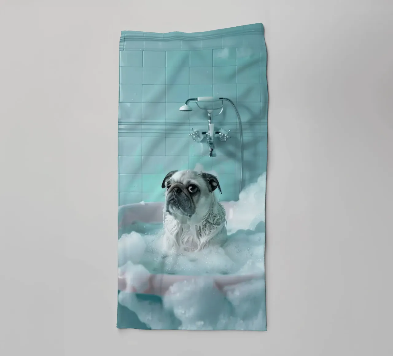 Pug  in a bathtub filled with bubbles asciugamano da bagno da LisaArtes