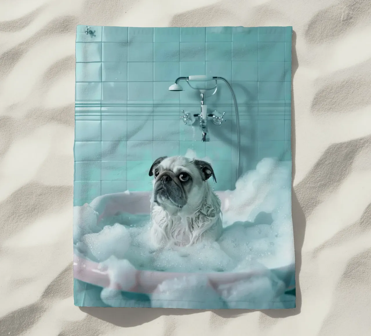 Pug  in a bathtub filled with bubbles telo mare da LisaArtes