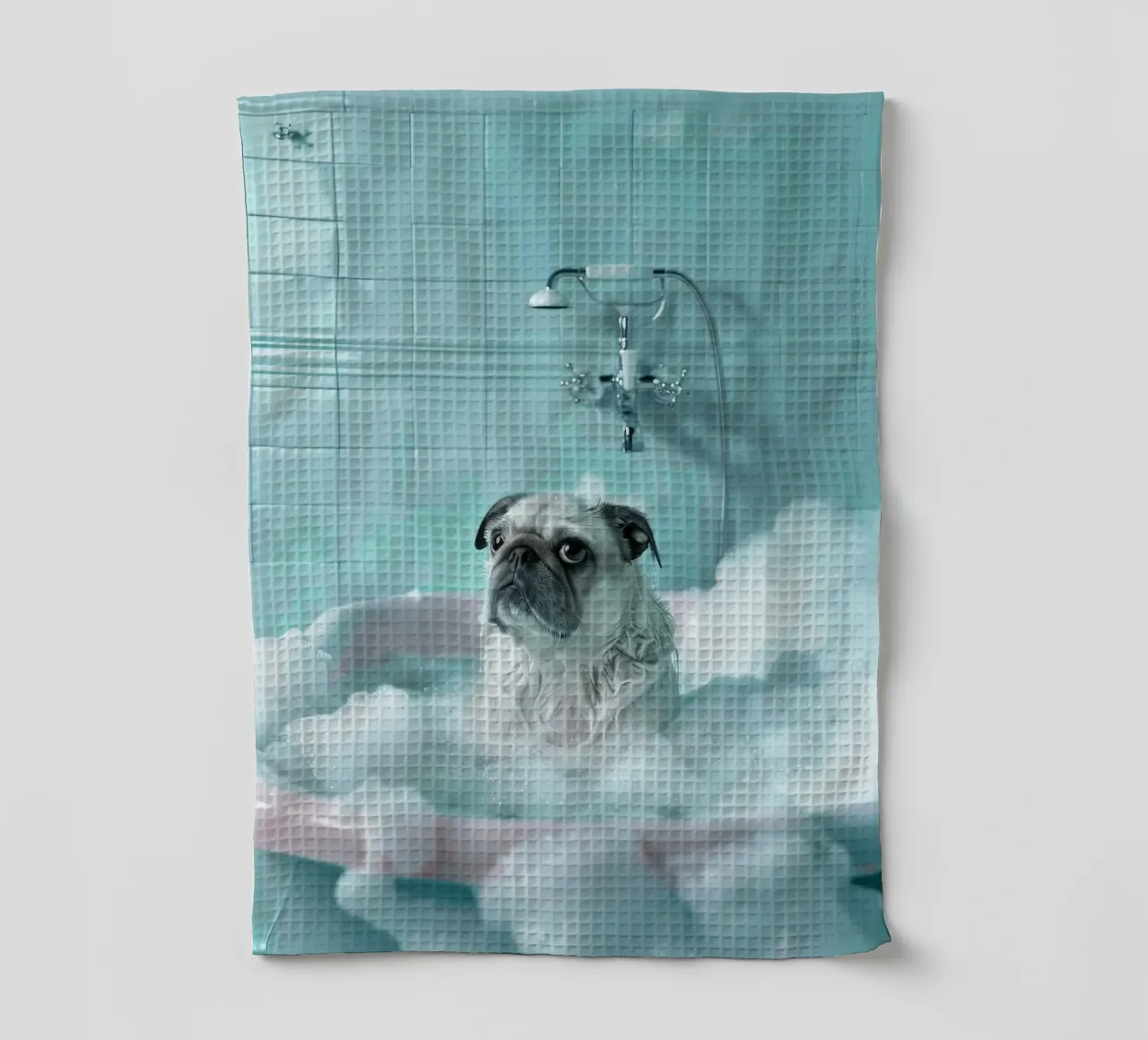Pug  in a bathtub filled with bubbles canovaccio da cucina da LisaArtes