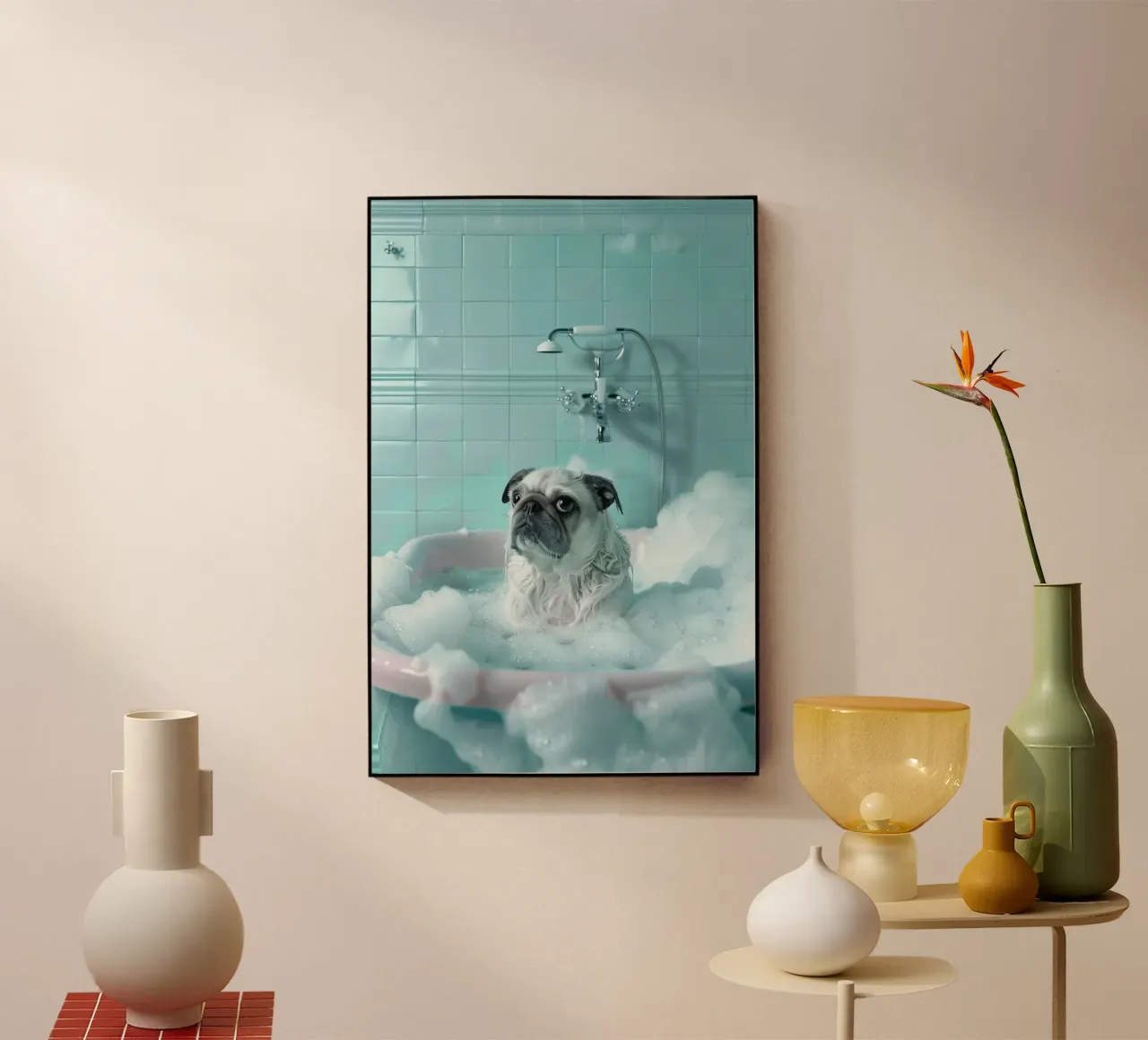 Pug  in a bathtub filled with bubbles plexiglass da LisaArtes
