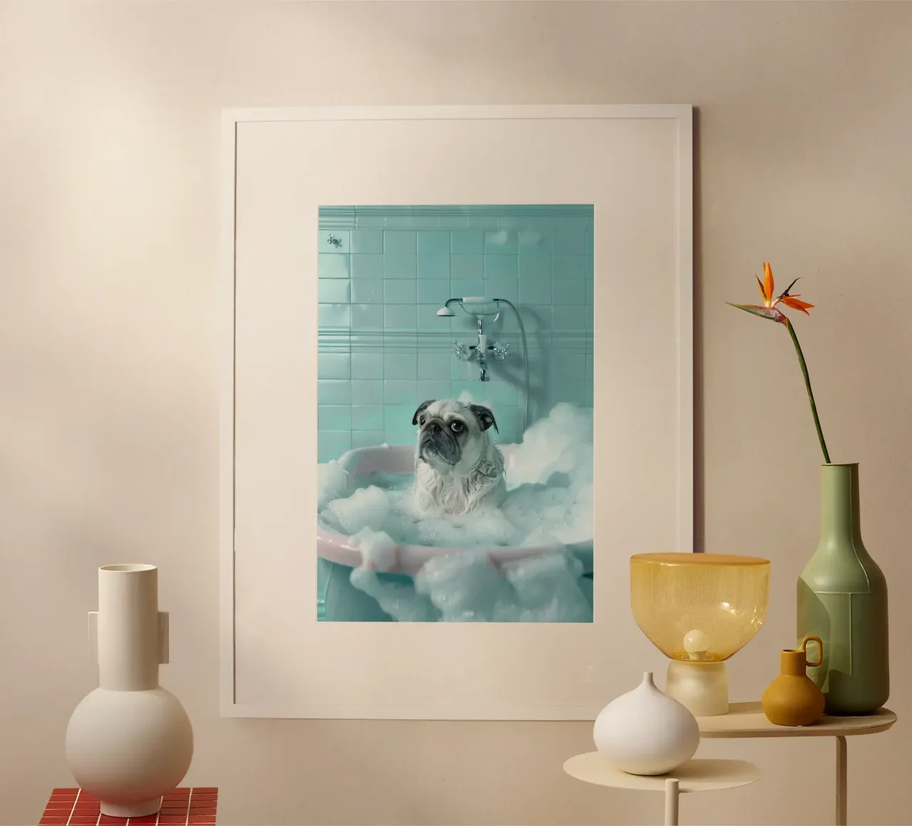 Pug  in a bathtub filled with bubbles carta hahnemühle da LisaArtes