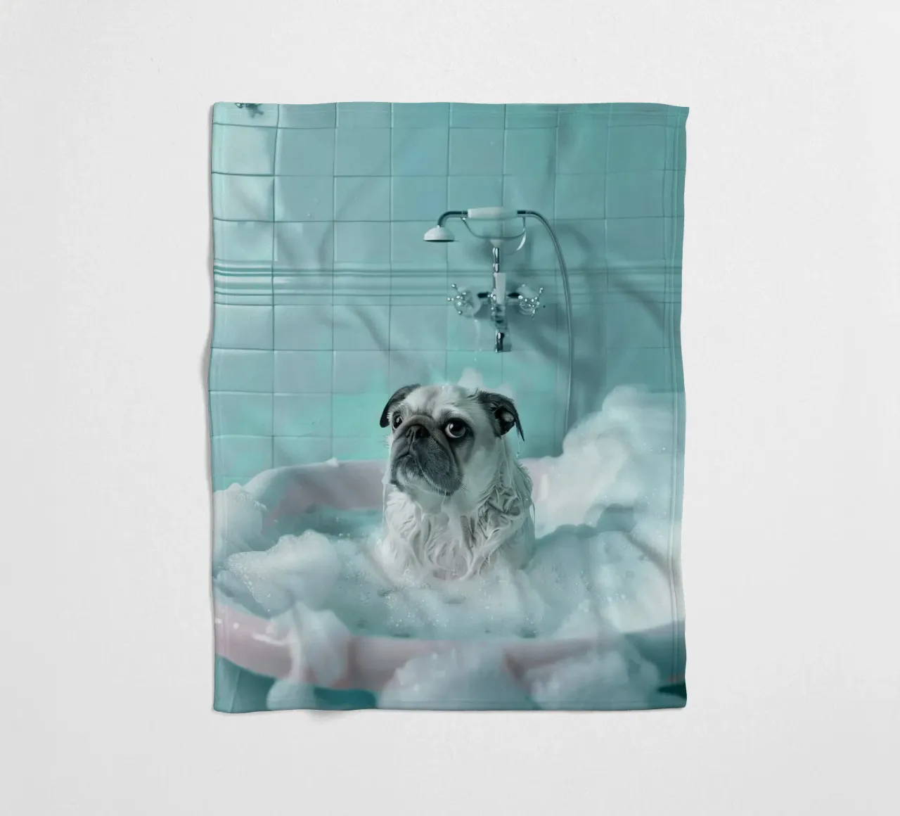 Pug  in a bathtub filled with bubbles coperta in pile da LisaArtes