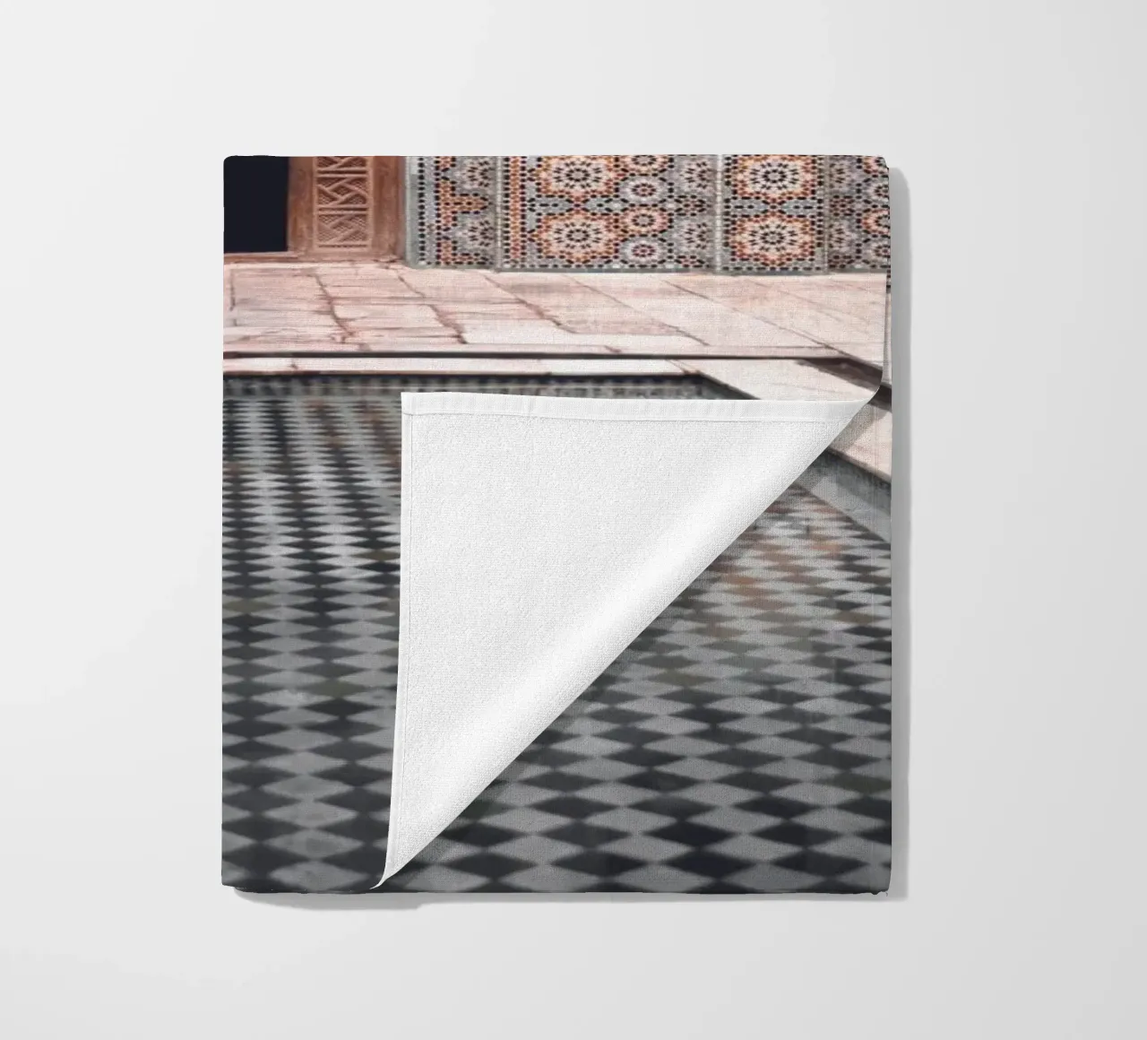 Oriental courtyard - Mystical mosaic architecture beach towel by Whole©