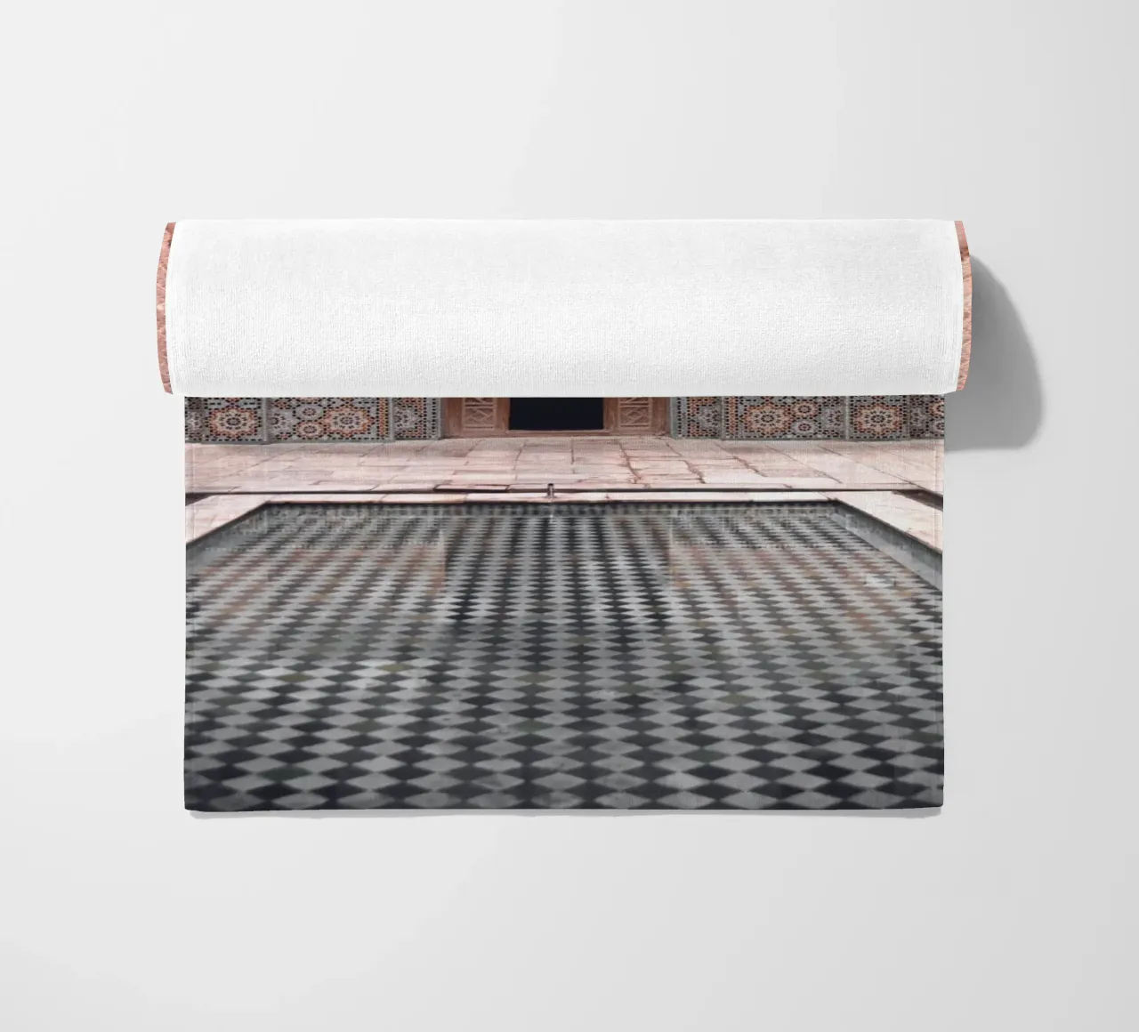 Oriental courtyard - Mystical mosaic architecture beach towel by Whole©