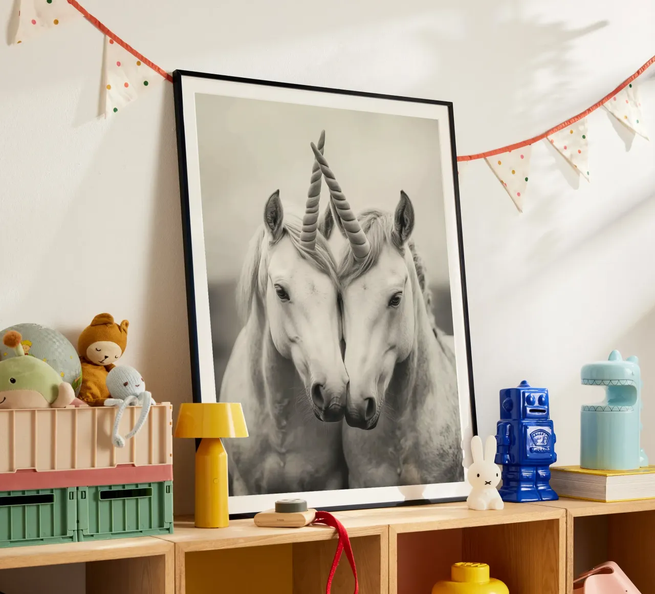 Coppia di unicorni innamorati poster con telaio in legno da Autofocus