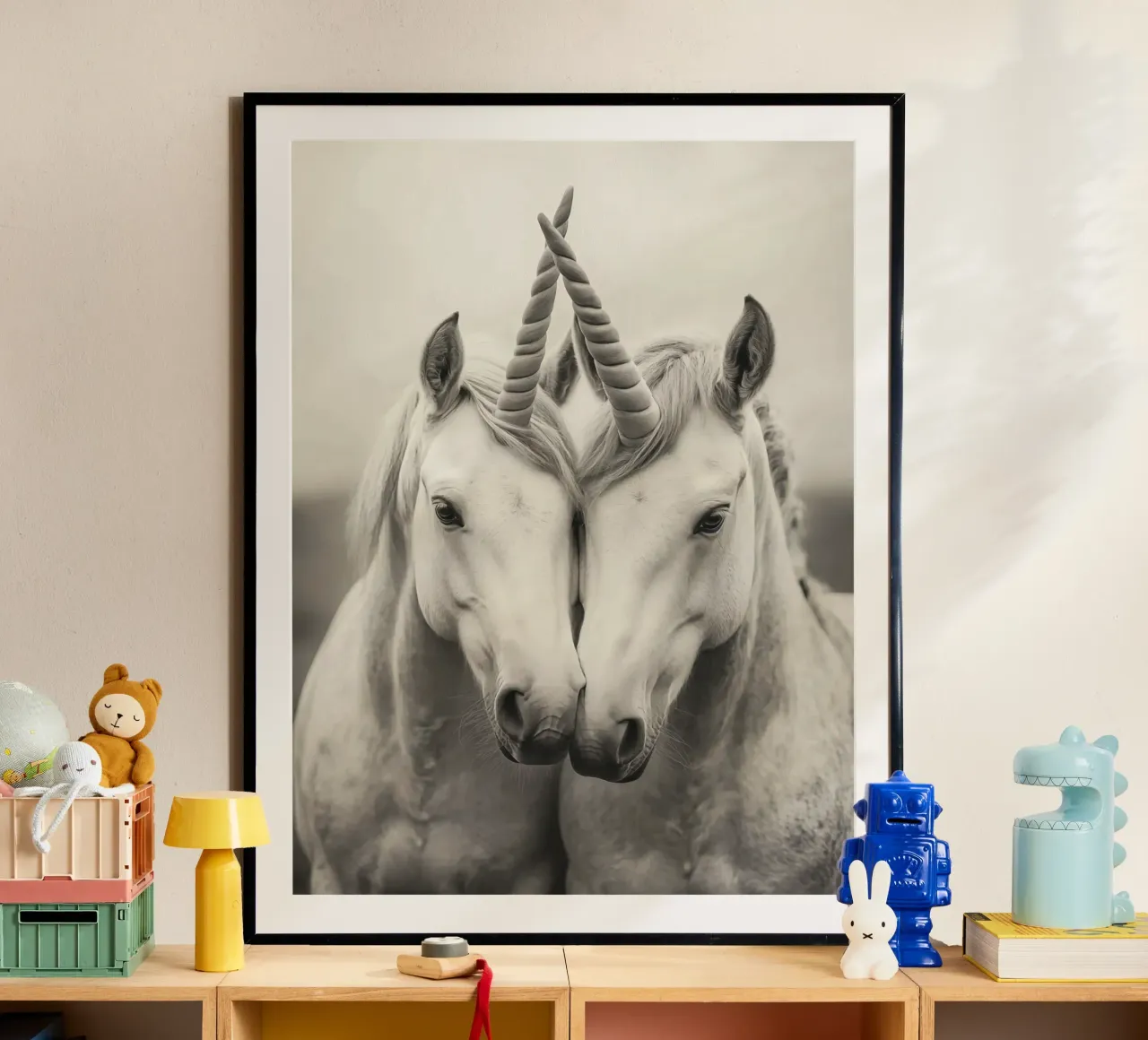 Coppia di unicorni innamorati poster con telaio in legno da Autofocus