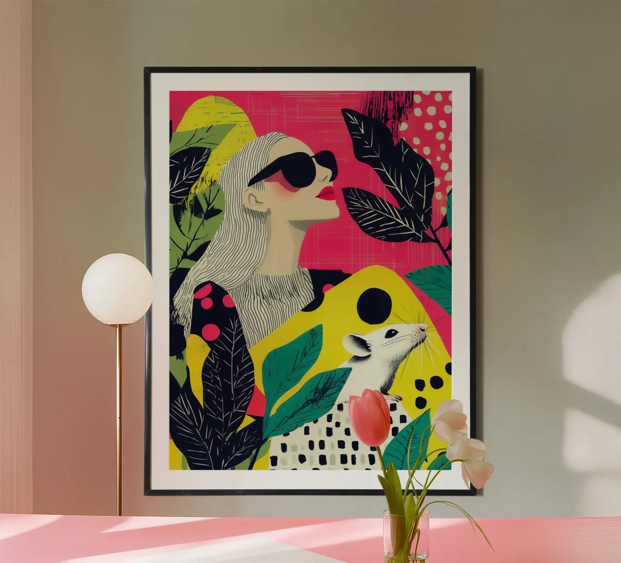 Cosa ci riserverà la giornata: Donna e topo nel design di Memphis poster da Autofocus