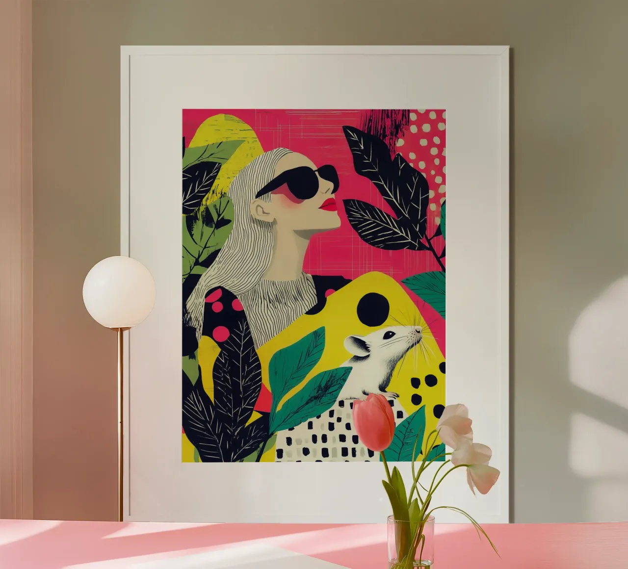Cosa ci riserverà la giornata: Donna e topo nel design di Memphis poster da Autofocus