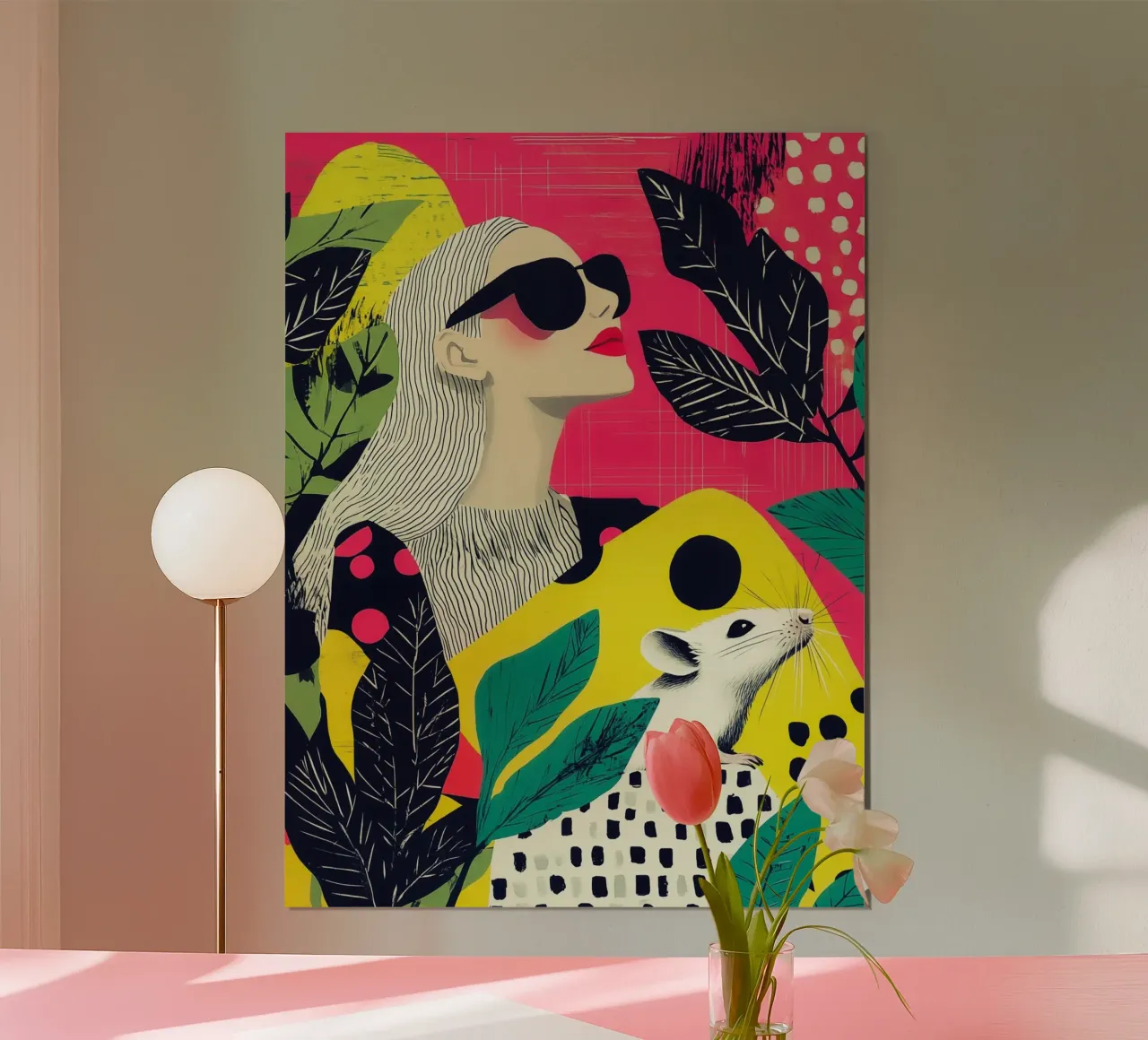 Cosa ci riserverà la giornata: Donna e topo nel design di Memphis poster da Autofocus