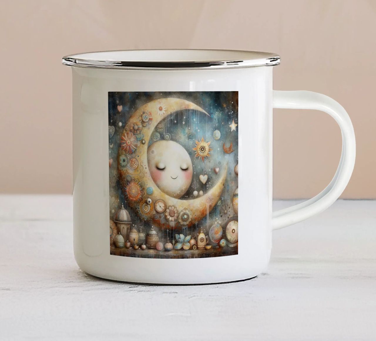 a capricious moon. enamel mug by ARTVI-SHOP