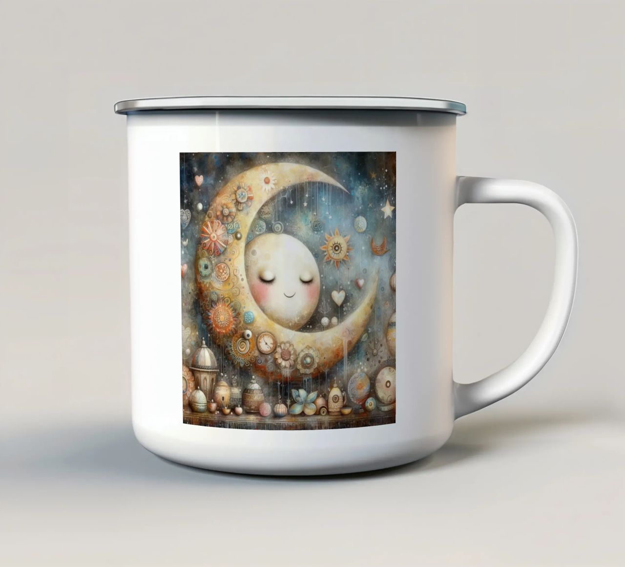 a capricious moon. enamel mug by ARTVI-SHOP