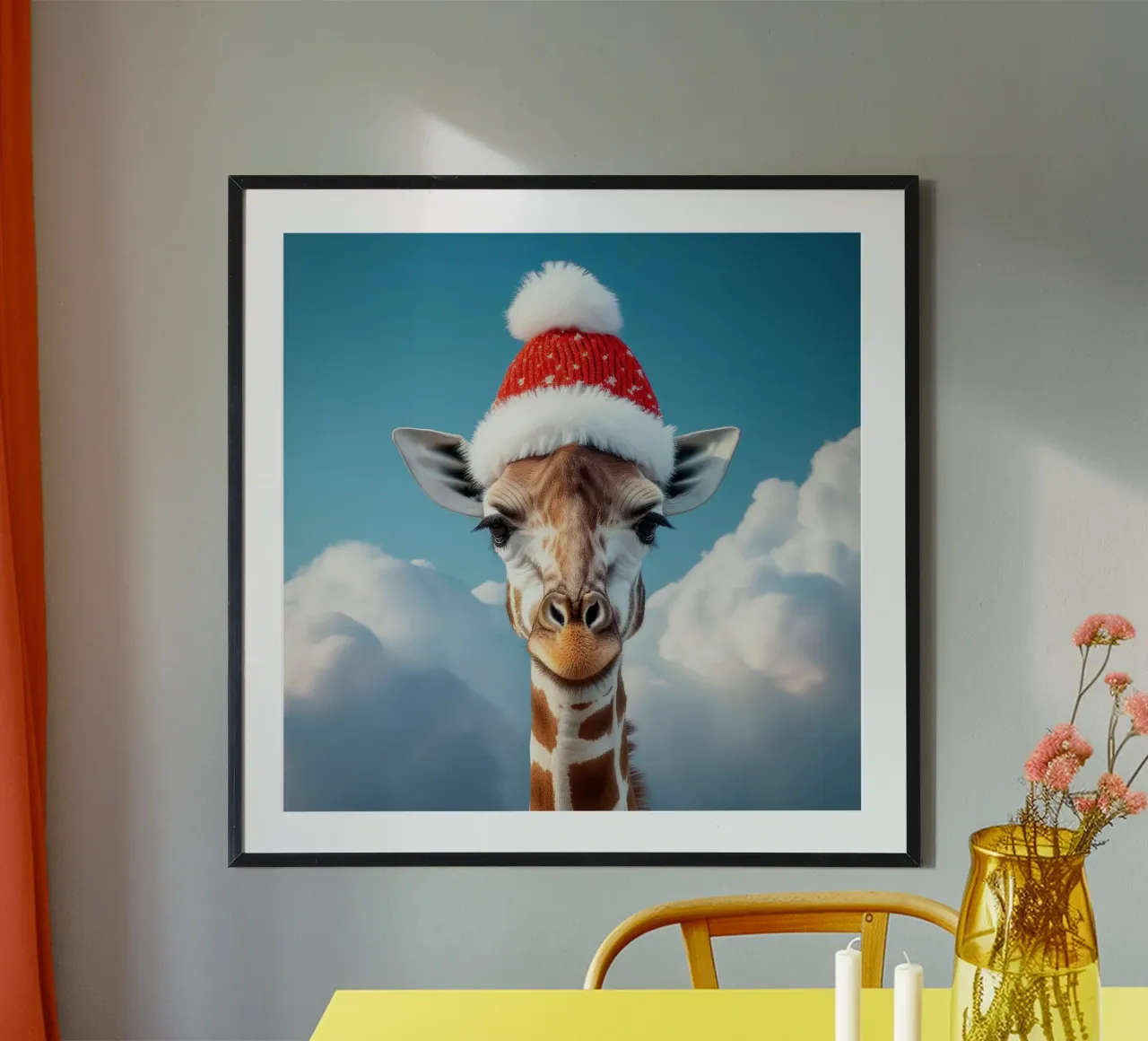 Giraffa festiva con cappello da Babbo Natale - Animale unico per le vacanze poster da FlexiDesignsByK