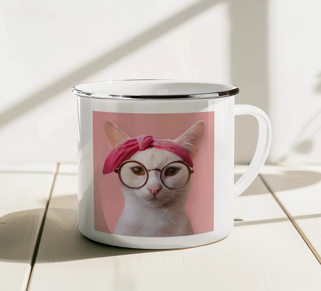 Adorabile gatto con occhiali e fascia per capelli - animale eccentrico tazza in smalto da FlexiDesignsByK