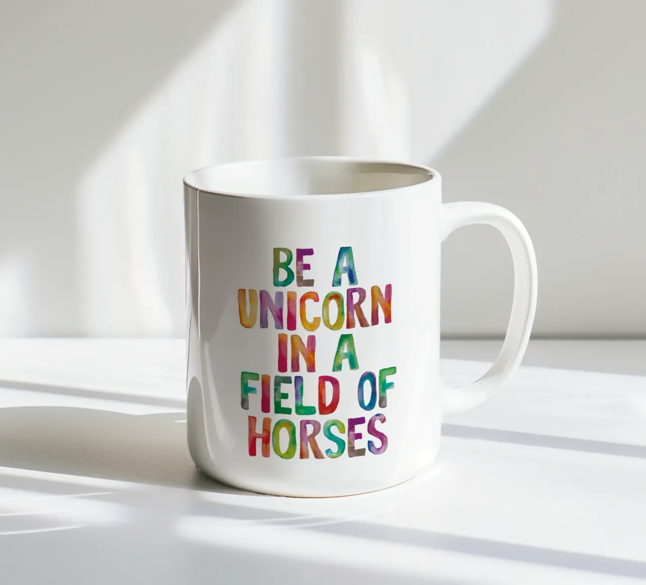 Be a Unicorn in a Field of Horses Rainbow Typography ceramic mug by THE MOTIVATED TYPE