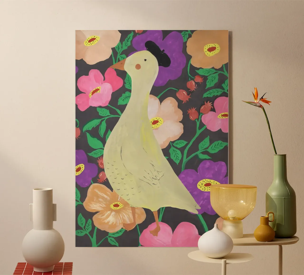 Ducks on Floral Background acrylic glass by Atelier Mave