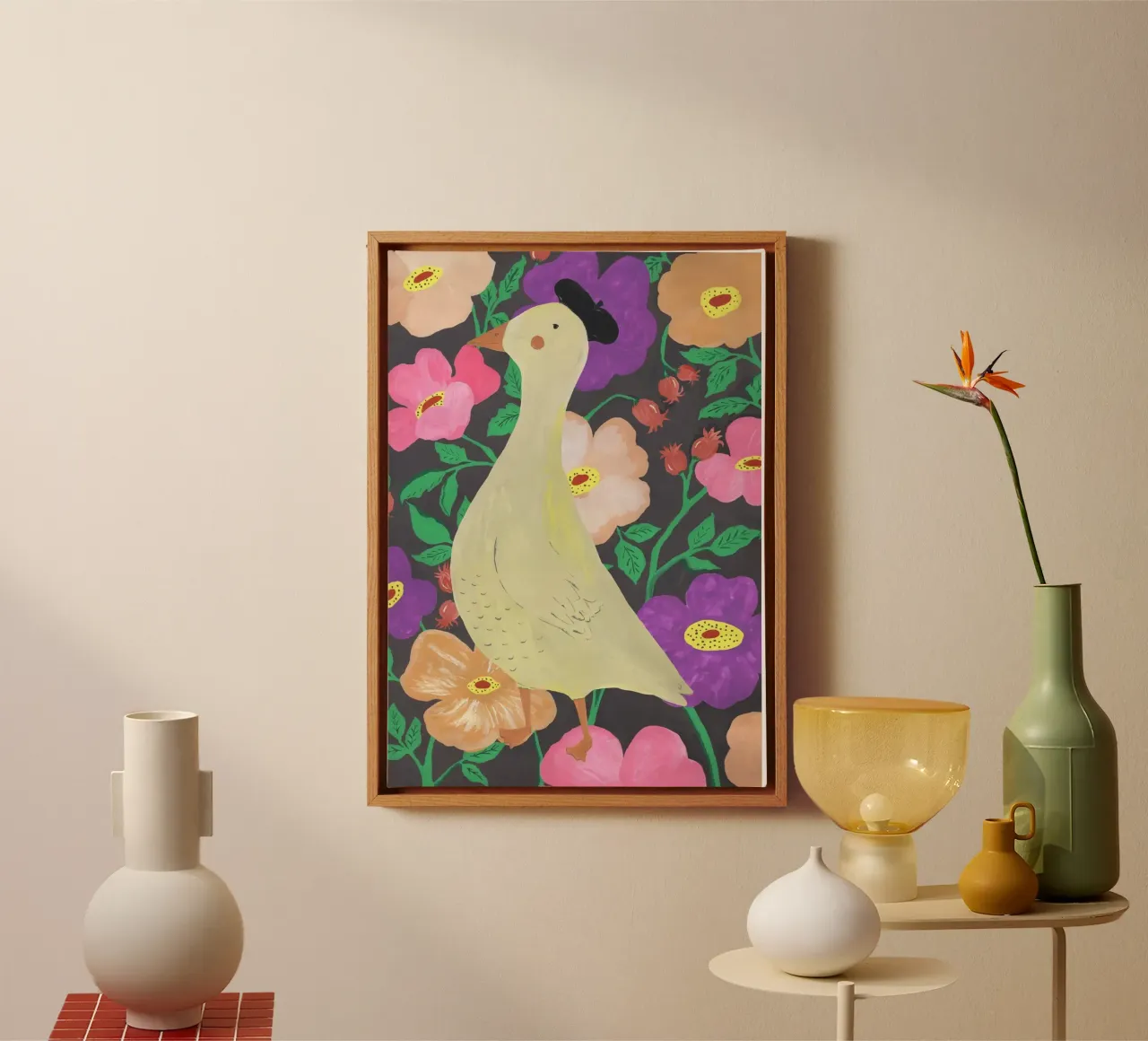Ducks on Floral Background tela con Cornice a cassetta da Atelier Mave