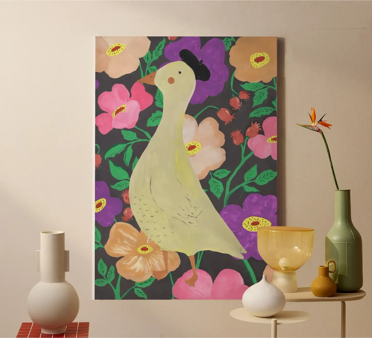Ducks on Floral Background tela con Cornice a cassetta da Atelier Mave
