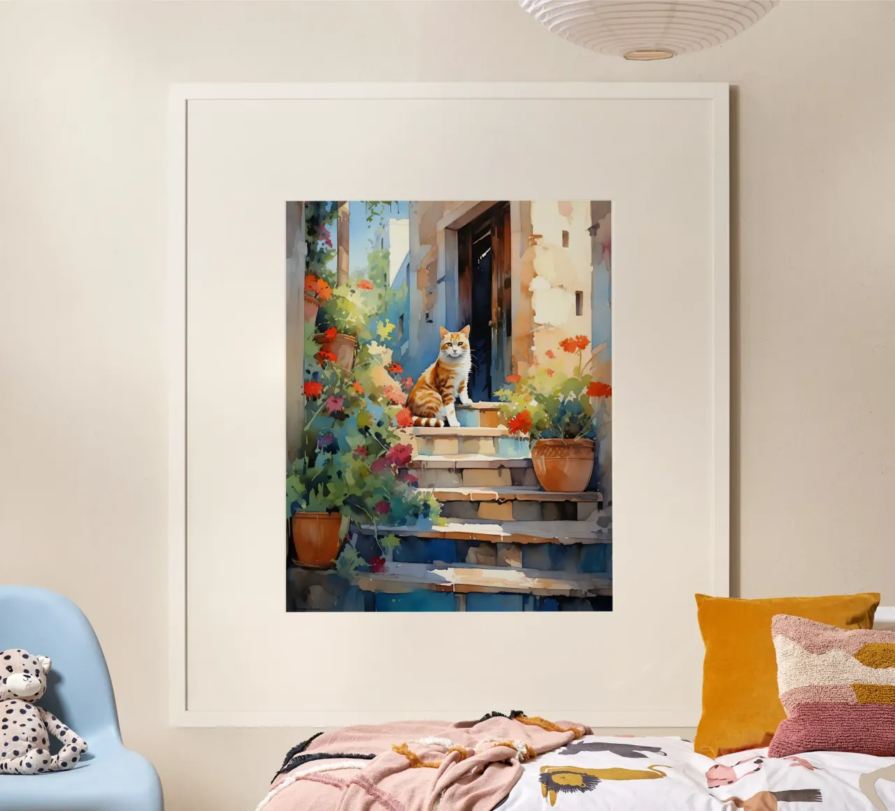 Cat on Stairs poster con telaio in alluminio da Artsy Bessy