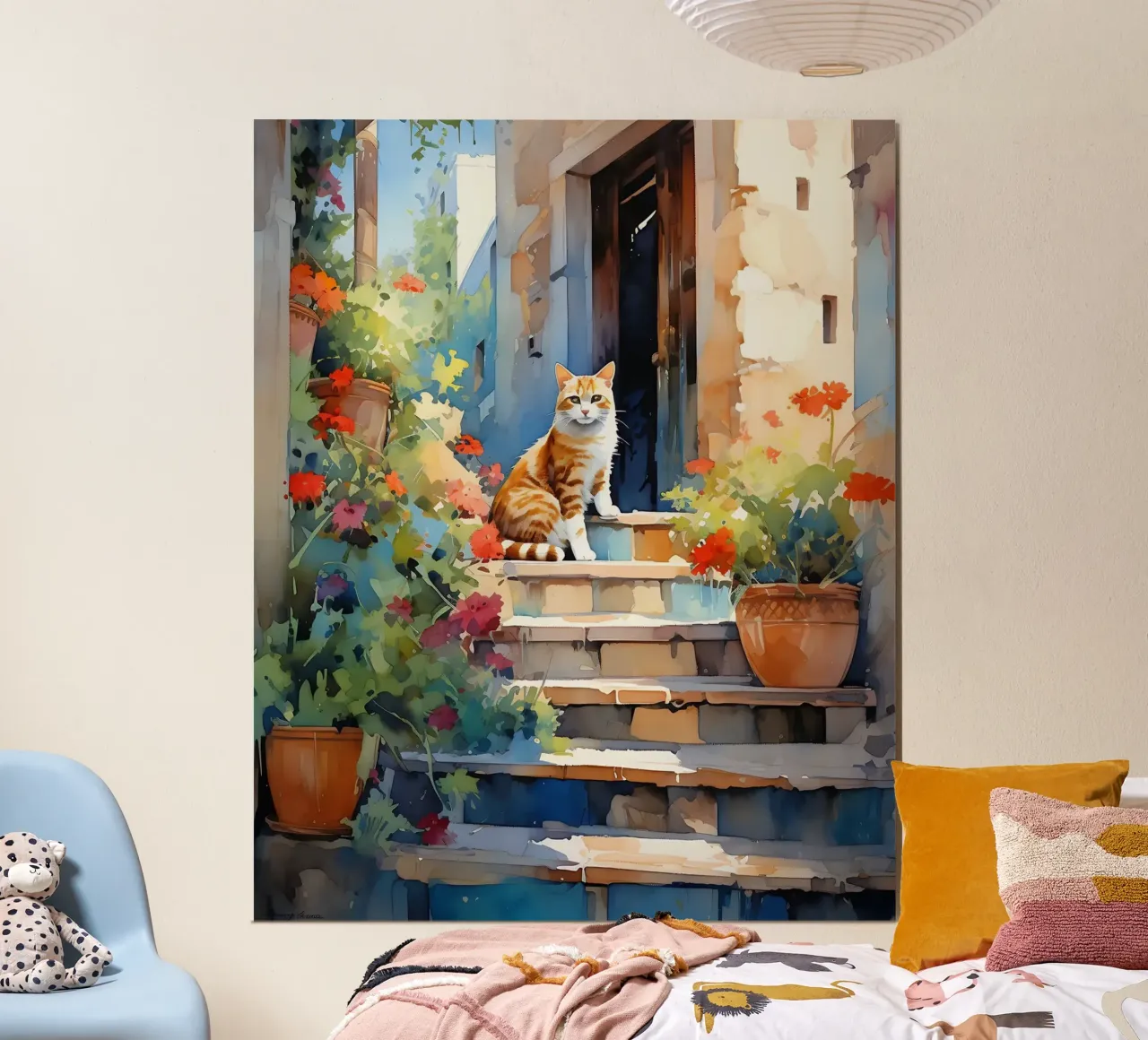 Cat on Stairs poster con telaio in alluminio da Artsy Bessy