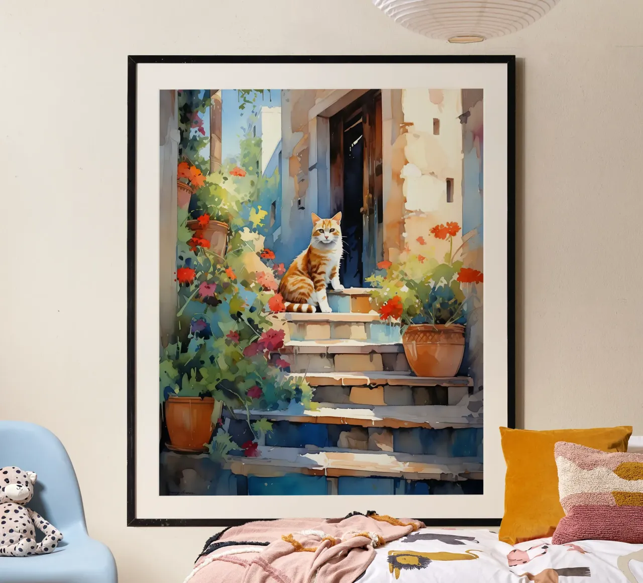 Cat on Stairs poster con telaio in alluminio da Artsy Bessy