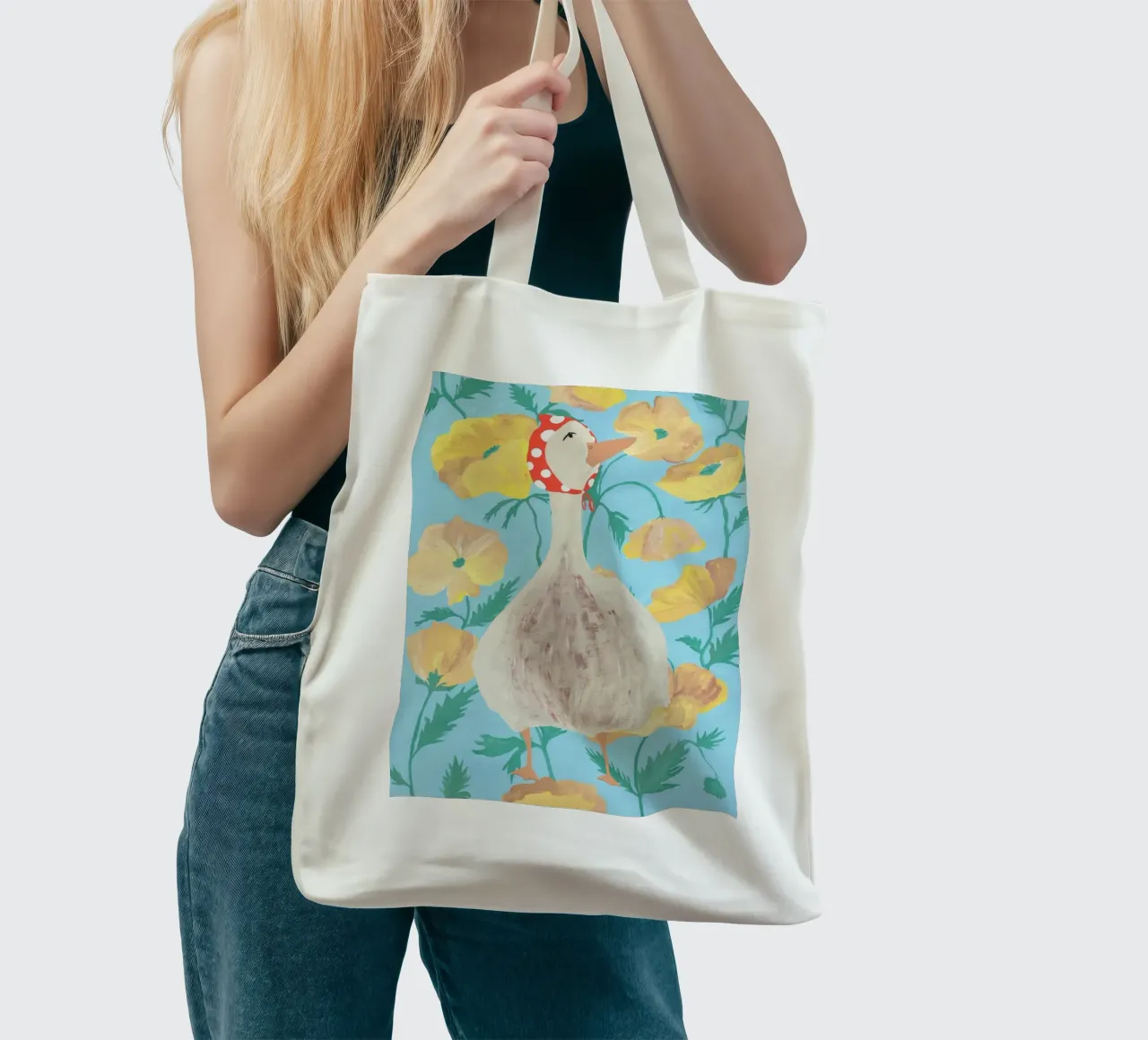 Duck on Floral Background 2 borsa in juta da Atelier Mave