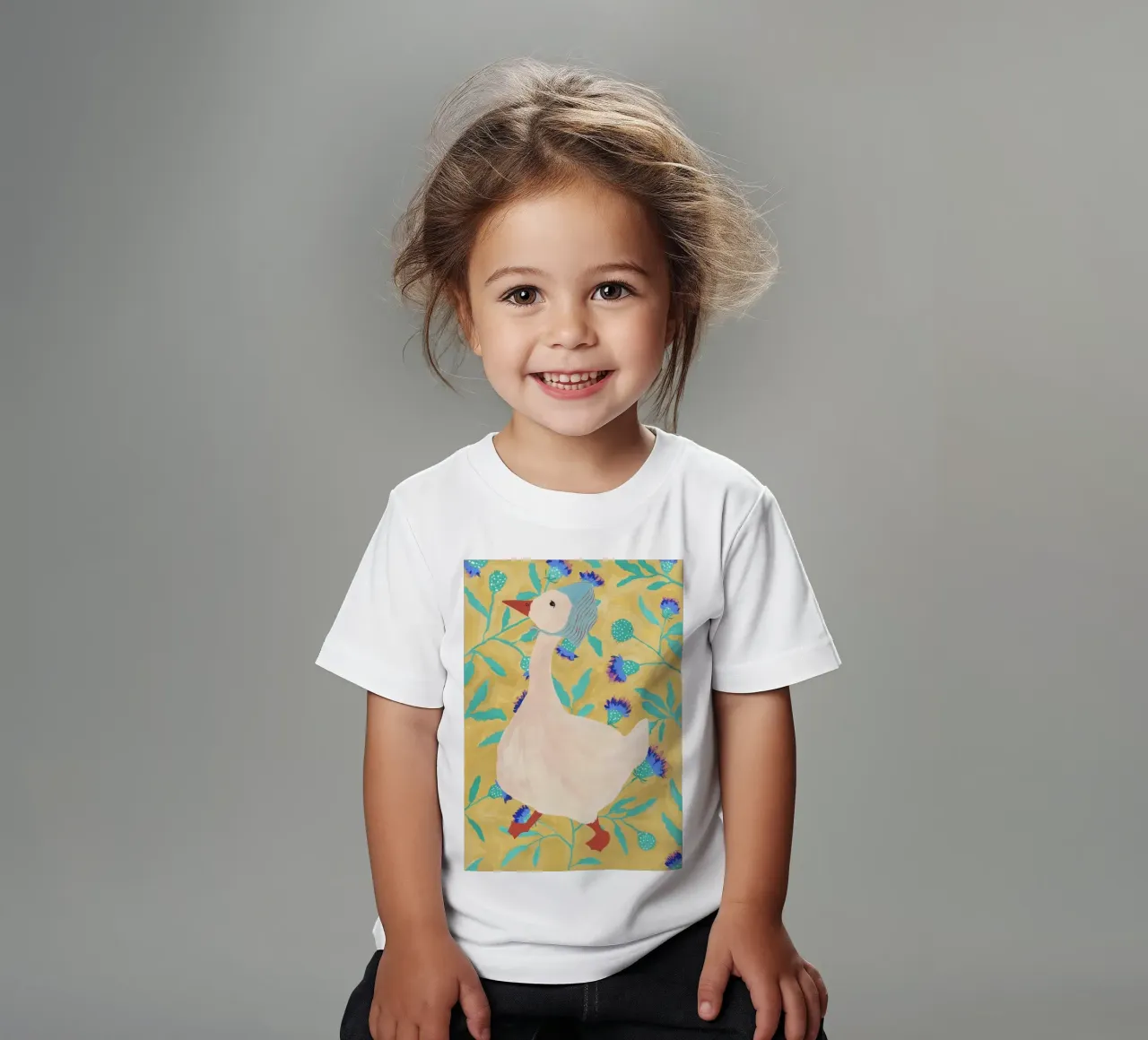 Duck on Floral Background 4 kids t-shirt by Atelier Mave