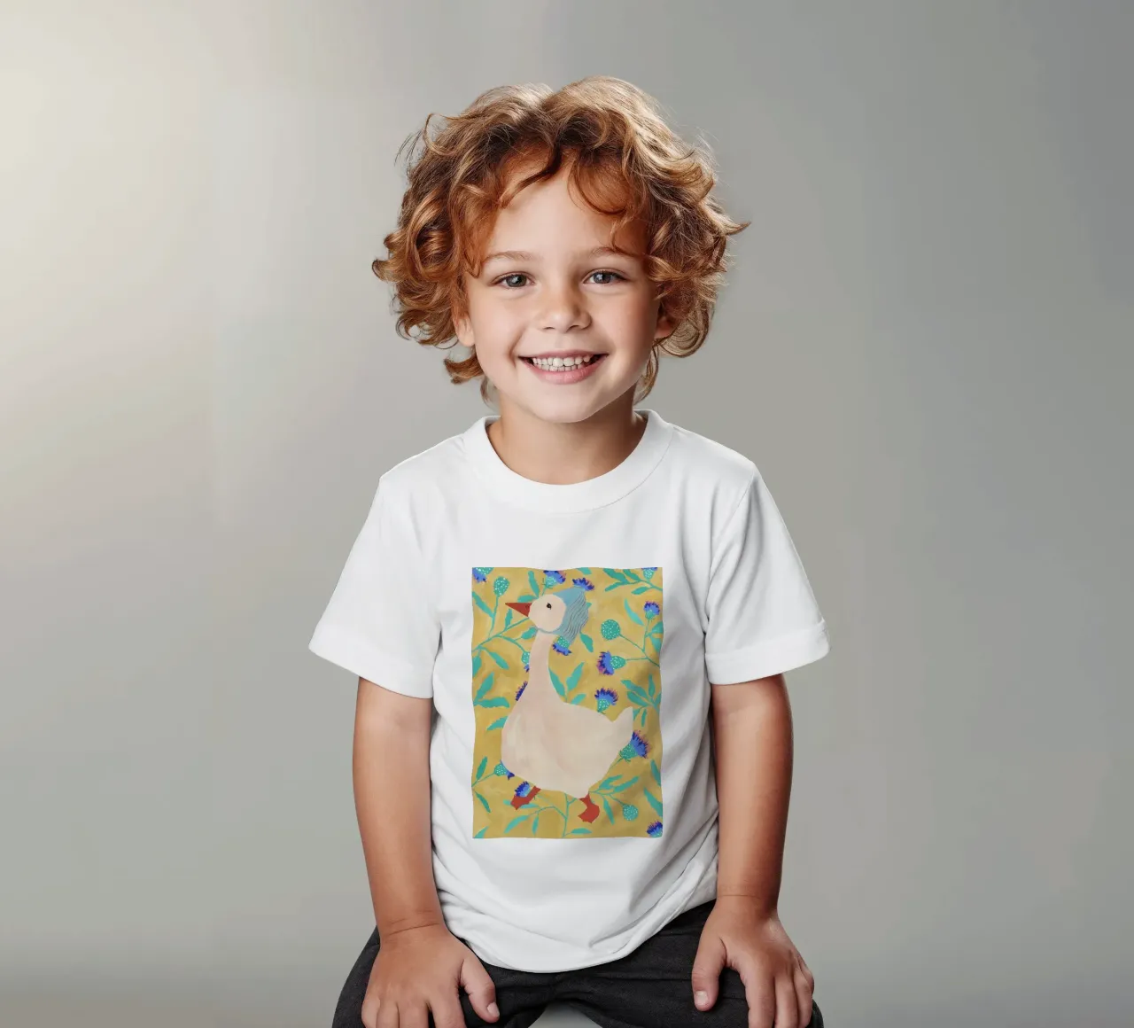 Duck on Floral Background 4 kids t-shirt by Atelier Mave