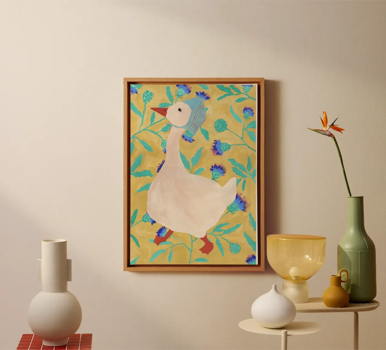 Duck on Floral Background 4 tela con Cornice a cassetta da Atelier Mave