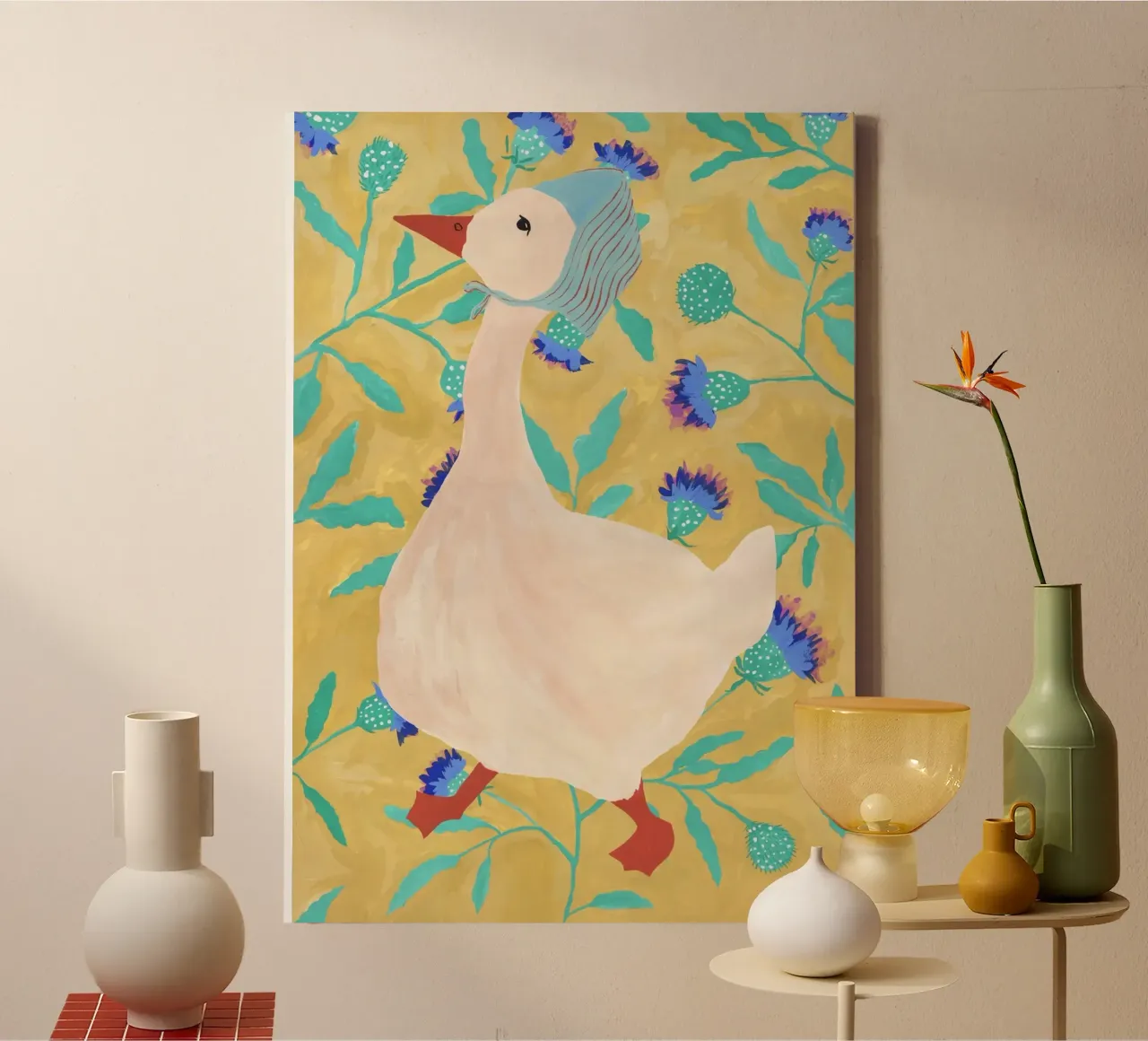 Duck on Floral Background 4 tela con Cornice a cassetta da Atelier Mave