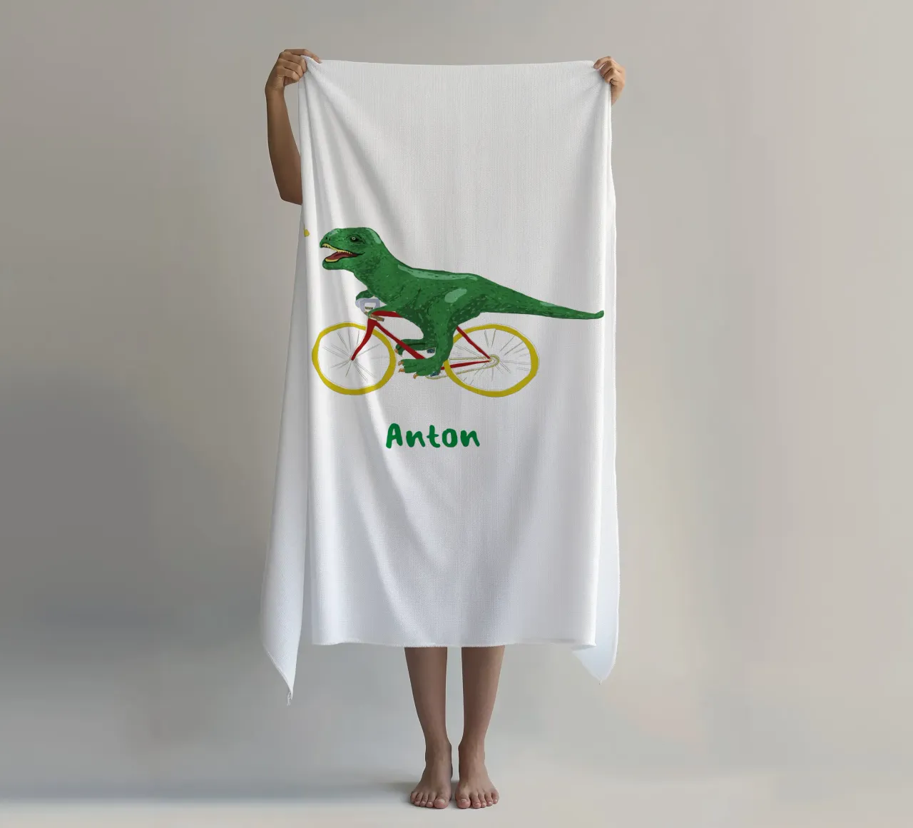 Dino in bicicletta telo mare da Illustration Raissa Oltmanns