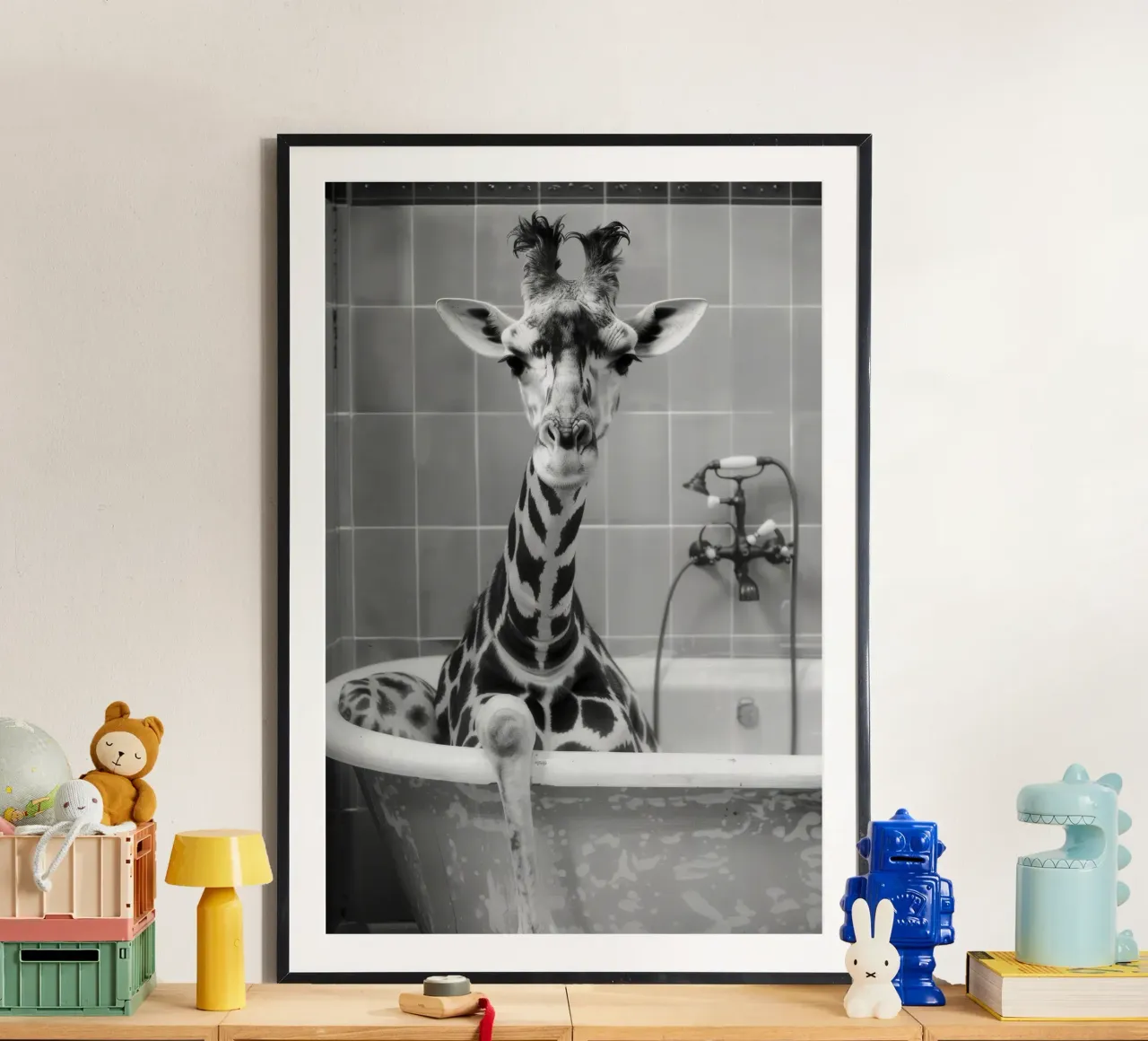 Giraffe in the bathtub poster con telaio in legno da LisaArtes
