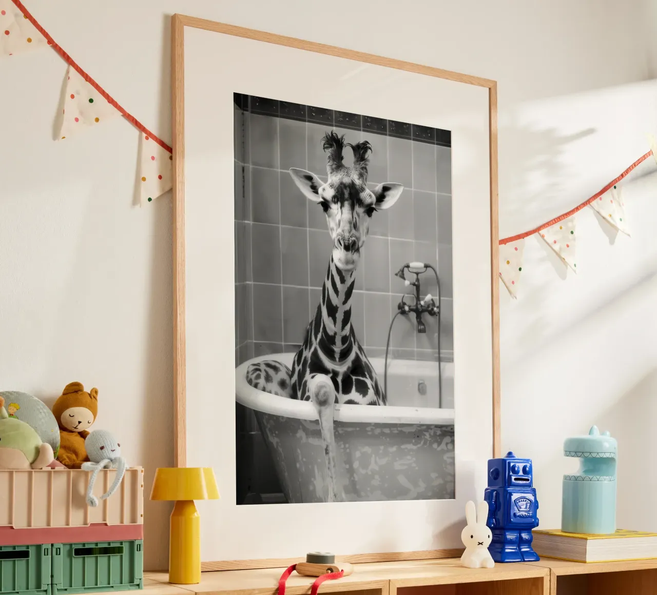 Giraffe in the bathtub poster con telaio in legno da LisaArtes